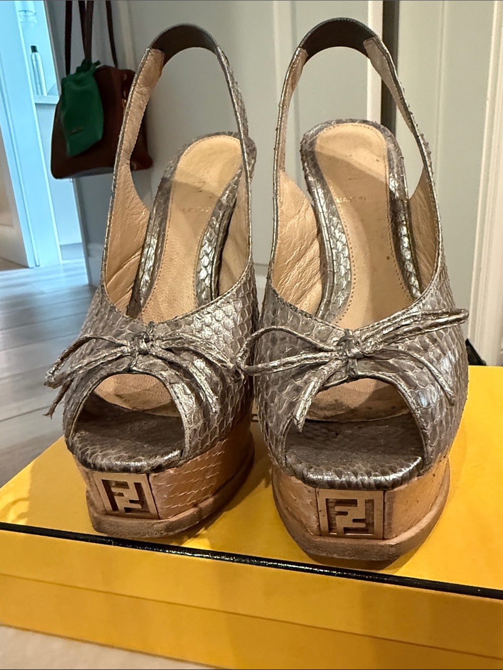 Fendi Silver Metallic Snake-Embossed Peep-Toe Platform Slingback